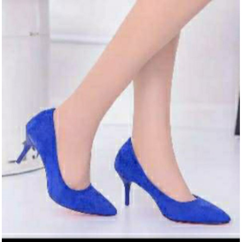 HEELS GLOSSY BIRU BIREL WANITA KERJA KANTOR MAIN MALL PESTA UNDANGAN KILAT BCA  LUCU MURAH IMPORT