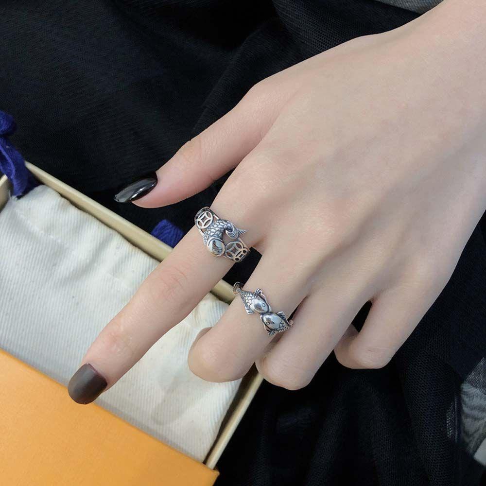 Mxbeauty Pembukaan Cincin Gaya Punk Retro Berongga Bentuk Ikan Lotus Tembaga Koin Menarik Kekayaan Perempuan Jari Cincin