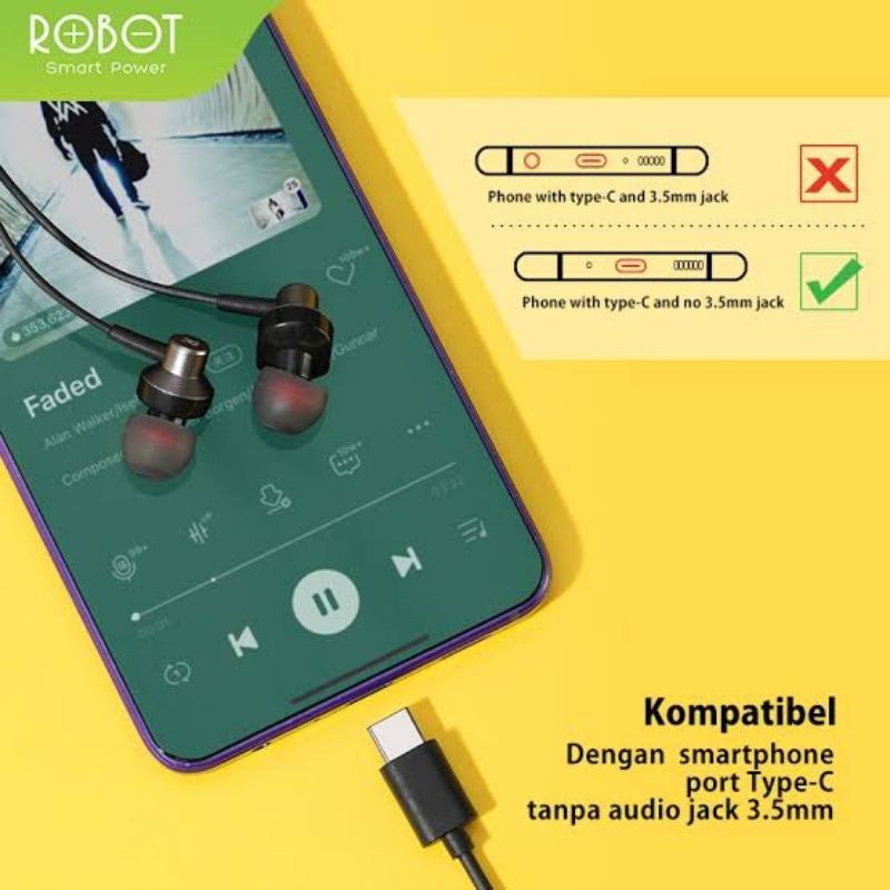 (Vroff Store) Headset Earphone Robot RE240C RE-240C Tipe C Original Produk by Robot  (Khusus Handphone Tanpa Jack / Lubang Audio)