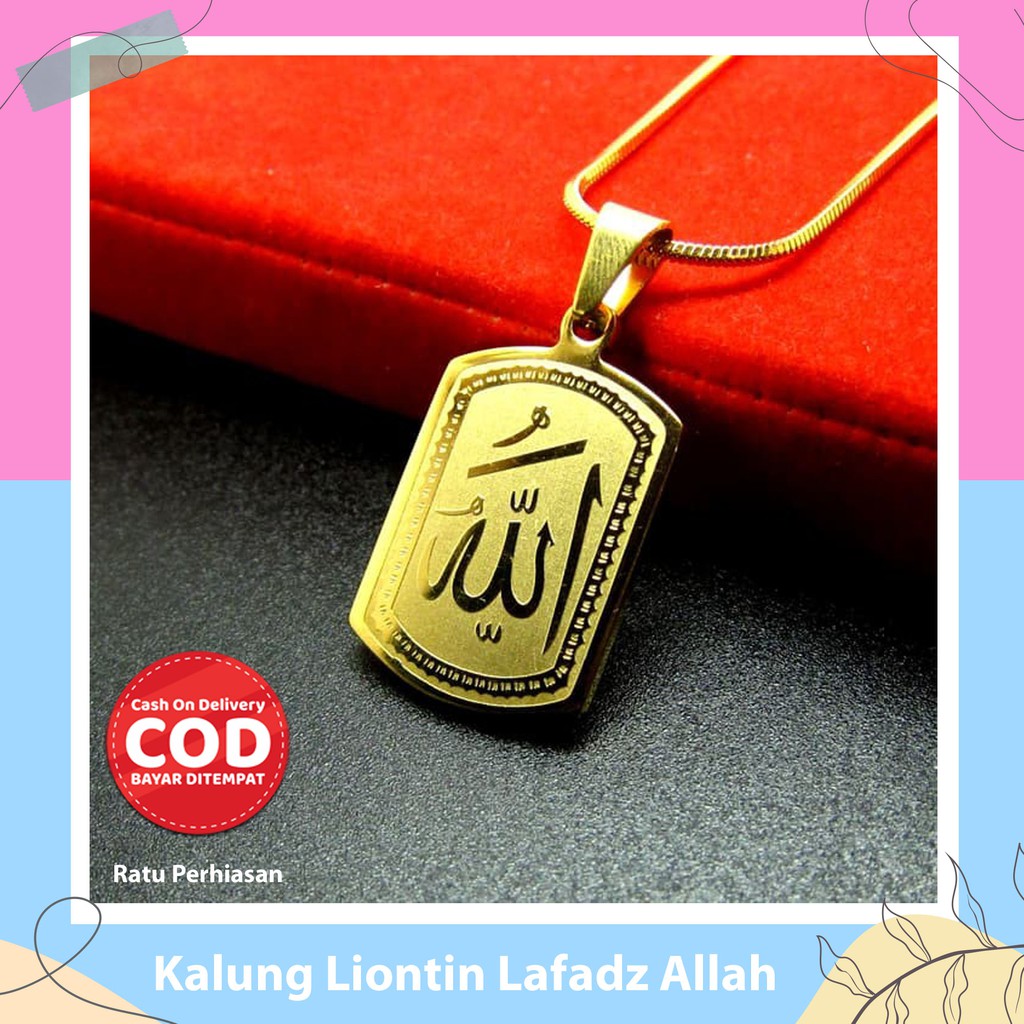 Kalung Liontin Islami Religi Lafadz Allah Warna Emas Motif Etza Zircoin Titanium Gold