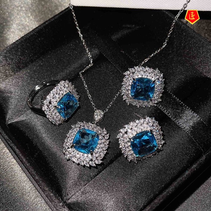 [Ready Stock]New Luxury Colored Gems Necklace Set Rings Ear Stud