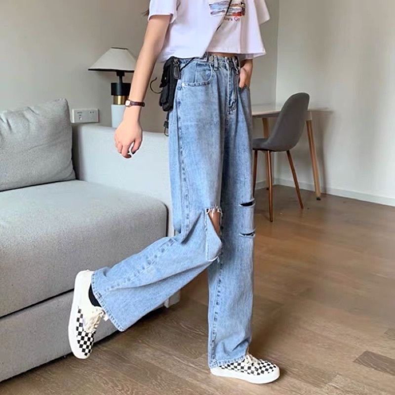 RIPPED JEANS IMPORT HIGHWAIST CELANA PANTS DENIM HW WANITA CEWEK BAGGY UNFINISH MX863