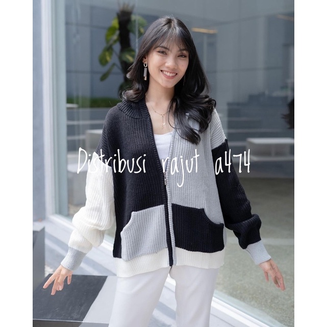 JAKET SWEATER HOODIE RAJUT TWOTONE OVERSIZE RESLETING TEBAL