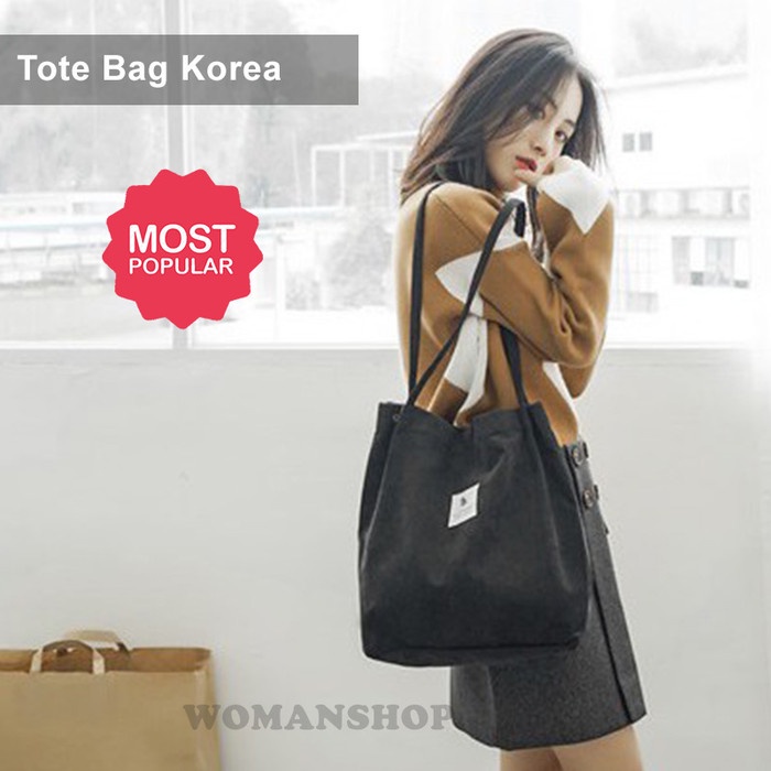 Terlaris Tas Selempang Wanita Korea Cantik Tas Slempang Cewek Curduroy Tote Bag - Hitam