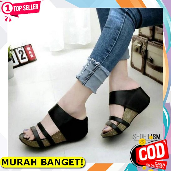 Sandal Sendal Slop Pesta Wedges Wanita Cewek Remaja Tinggi Hak 12Cm Korean Style Lebaran Murah Terba