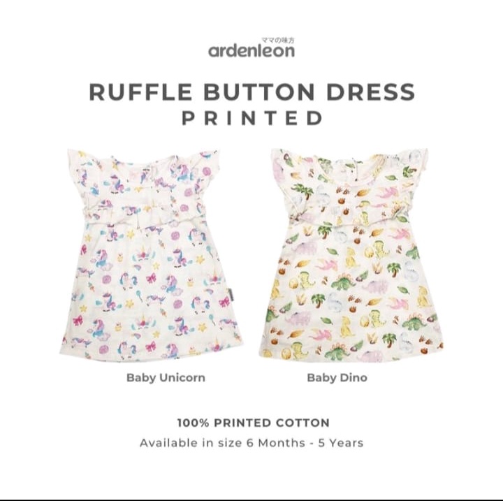 ArdenLeon Basic Wear Button Dress / Ruffle Button Dress Printed / Arden Leon Dress Motif Bayi Anak Perempuan