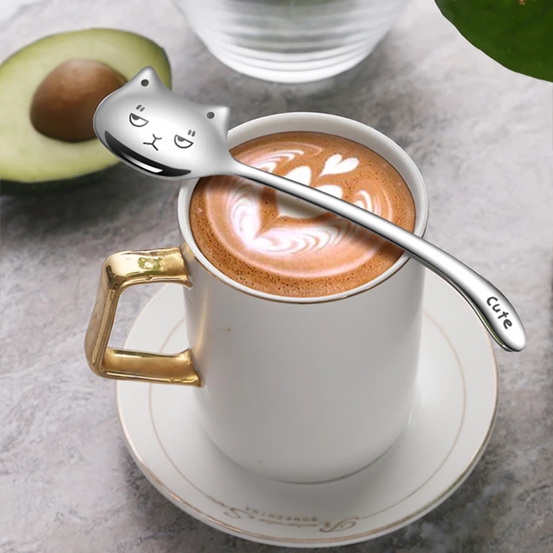 Kreatif Lucu Kucing304Sendok Makan Stainless Steel Dengan Gagang Panjang/High Quality Dessert Soup Spoon/Peralatan Makan Berguna Dapur/Sendok Pengaduk Kopi Alat Makan Makan Makan Makan Dinner