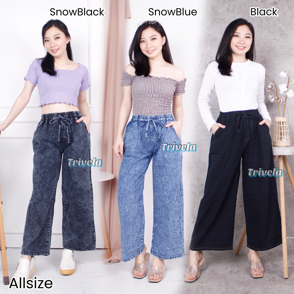 Celana Kulot Jeans Polos All Size / Kulot Pinggang Karet Snow / Kulot Jumbo