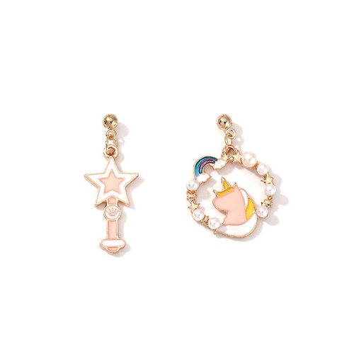 LRC Anting Tusuk Fashion Pink Unicorn Pentagram Pearl Rainbow Drop Oil Stud Earrings K01106