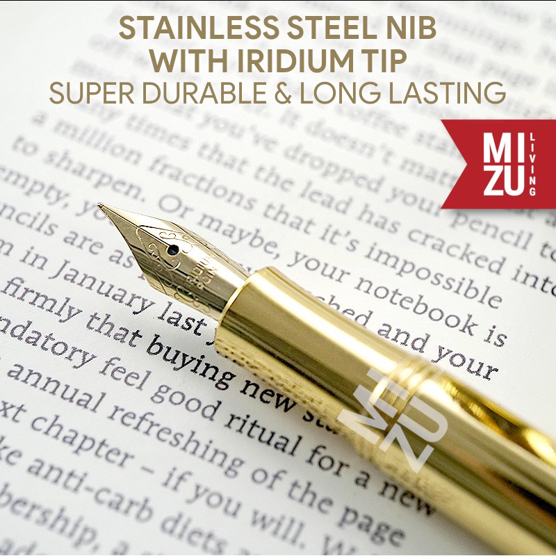 MIZU BURASU Classic Brass Fountain Pen Kuningan Stainless Steel Iridium Nib