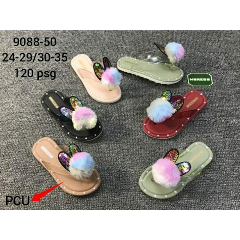 SANDAL JEPIT ANAK PEREMPUAN BULU MOREGO 9088-50 UKURAN 30-35 KARET BULU SEMBUR TELINGA BLING BLING