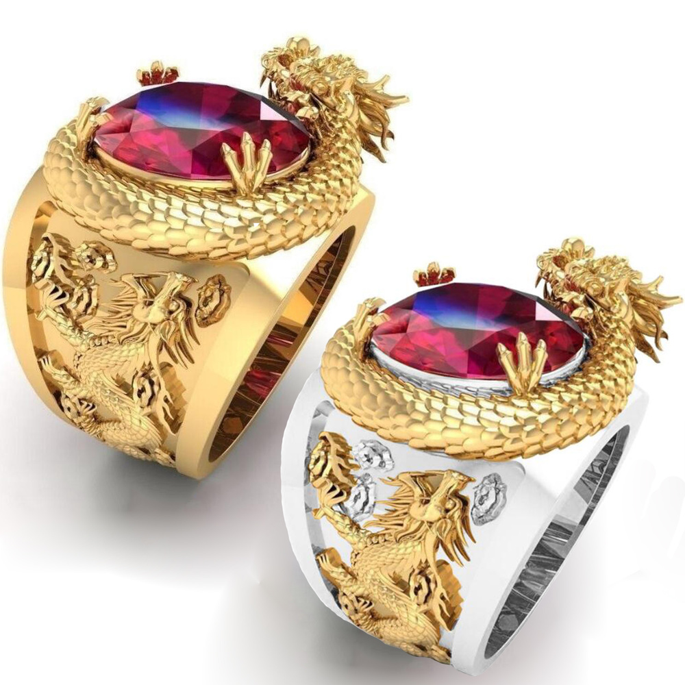 Naga 3D Baja Titanium Perak Emas Kristal Rubi Berlian Perhiasan Fashion Pria Patung Hewan Cincin Punk Gold Rings