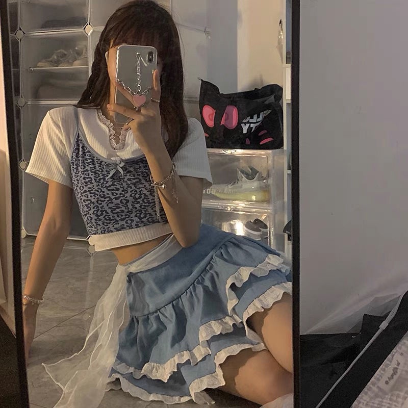 2021 baru musim panas ins net merah retro goreng street leopard print rompi pendek wanita suspender