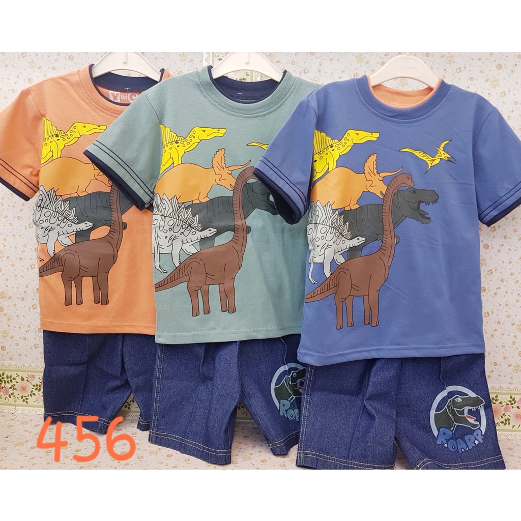 Yuichi Setelan Pendek Celana Jeans Anak Laki-laki Motif Dino Import 4-6 Tahun