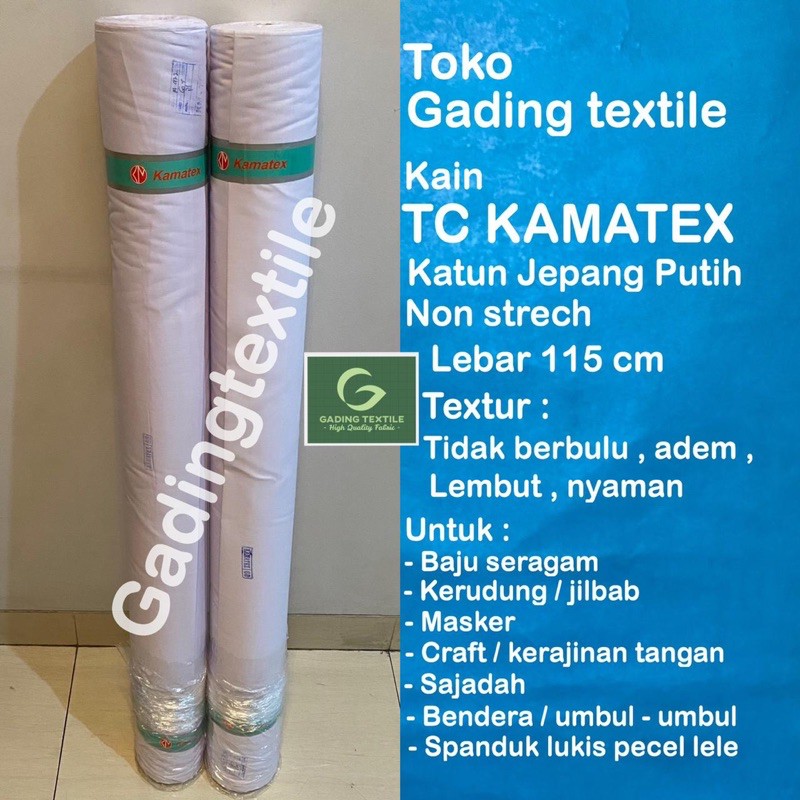 ( per 1 roll ) Kain tetoron katun putih TC KAMATEX lebar 115 cm isi 54 meter bahan baju kemeja hem seragam sekolah kerja gamis koko kaftan dress kerudung jilbab jilbab mori kafan craft kerajinan tangan taplak meja bendera umbul umbul dekorasi dekor