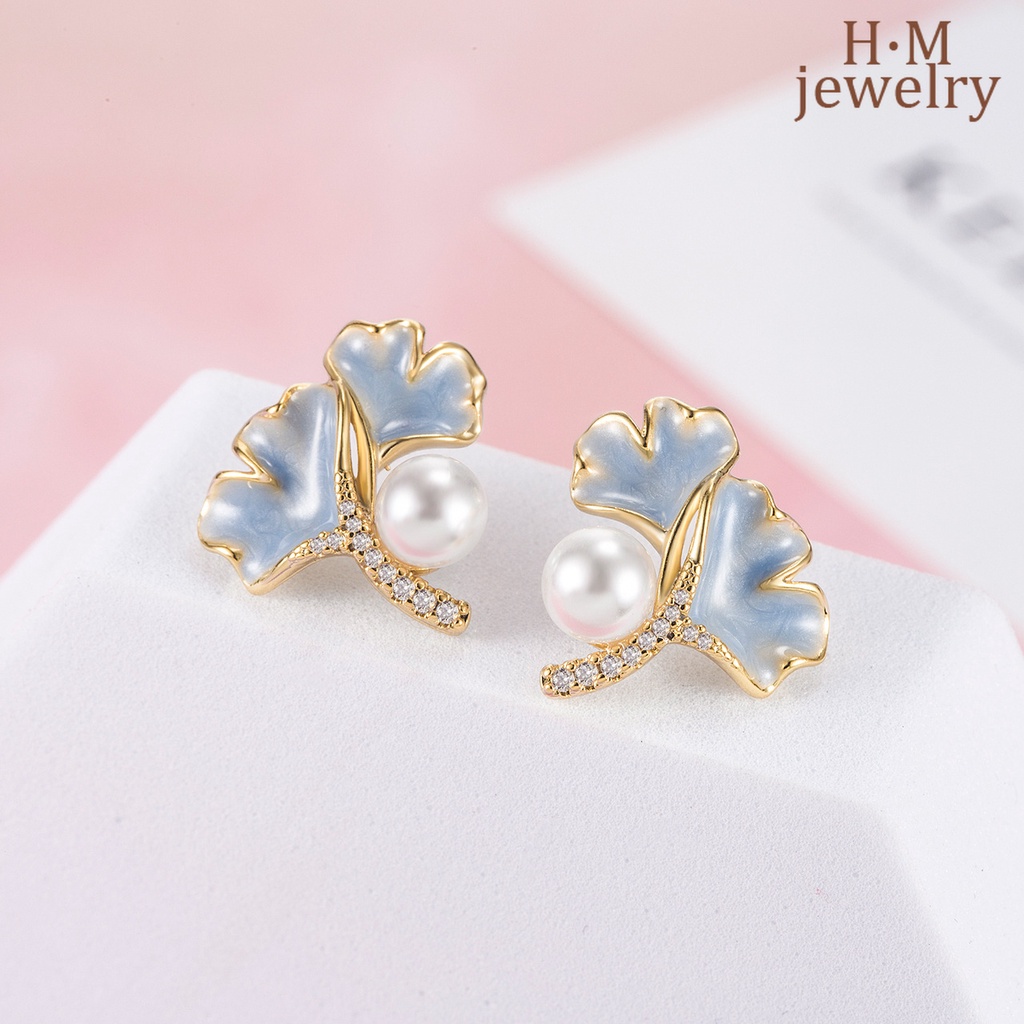 Anting Tusuk Motif Daun Ginkgo Hias Mutiara Imitasi Untuk Wanita