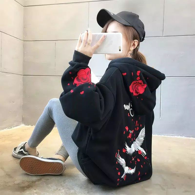 READY INDONESIA sweater longgar hoodie motif bordir bunga burung tebal import impor jaket musim dingin autumn spring winter