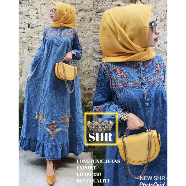 Gamis jeans bunga bordir SHR