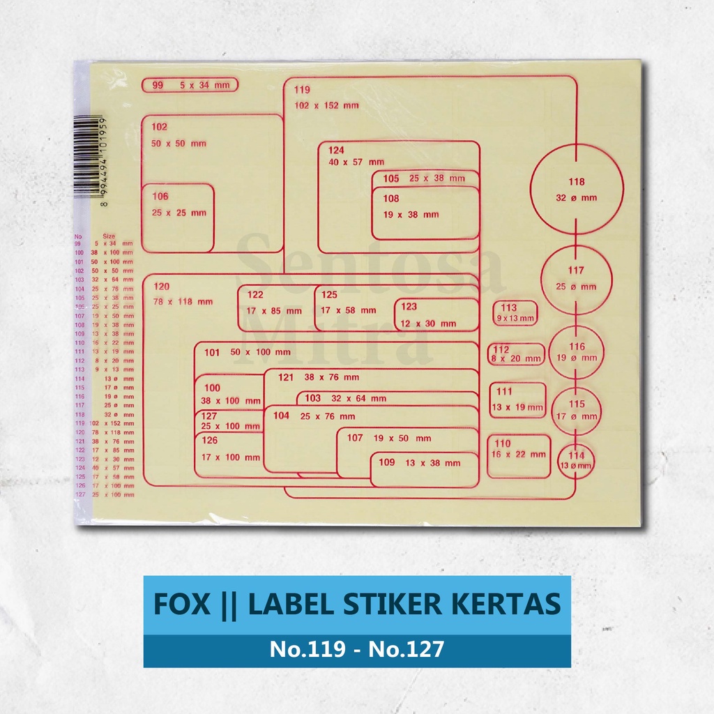 

Label Kertas Sticker Fox Self Adhesive Stiker No 119 , 120 , 121 , 122 , 123 , 124 , 125 , 126 , 127