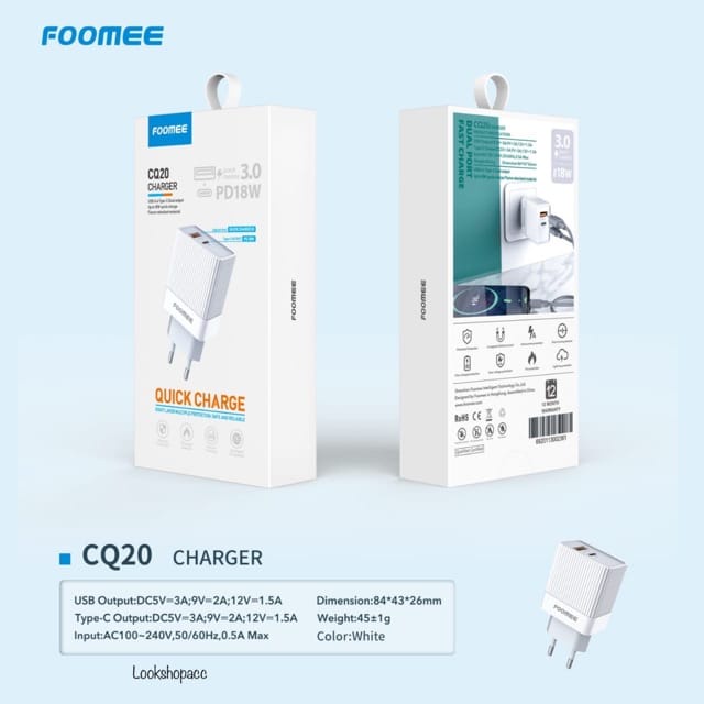 A - Foomee CQ20 Dual Port Charger QC 3.0 &amp; PD 18W