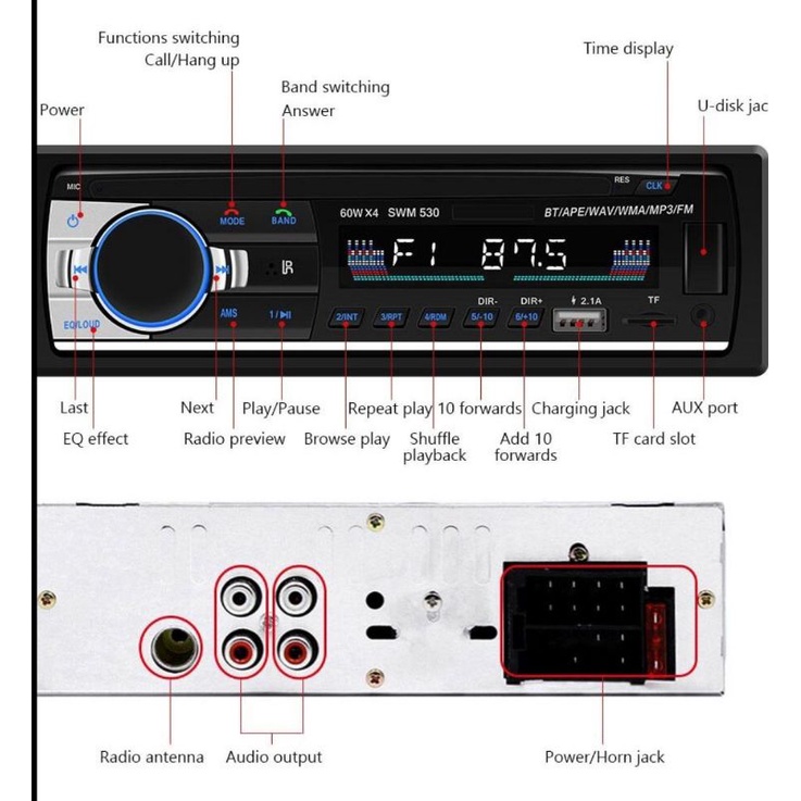 Kerndy Tape Audio Mobil Multifungsi Bluetooth USB FM Radio MP3 Player -JSD 530