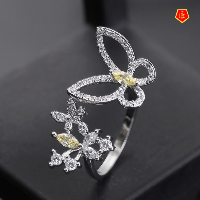 [Ready Stock]S925 Silver Personality Butterfly Opening Ring Yellow Diamond Fashion