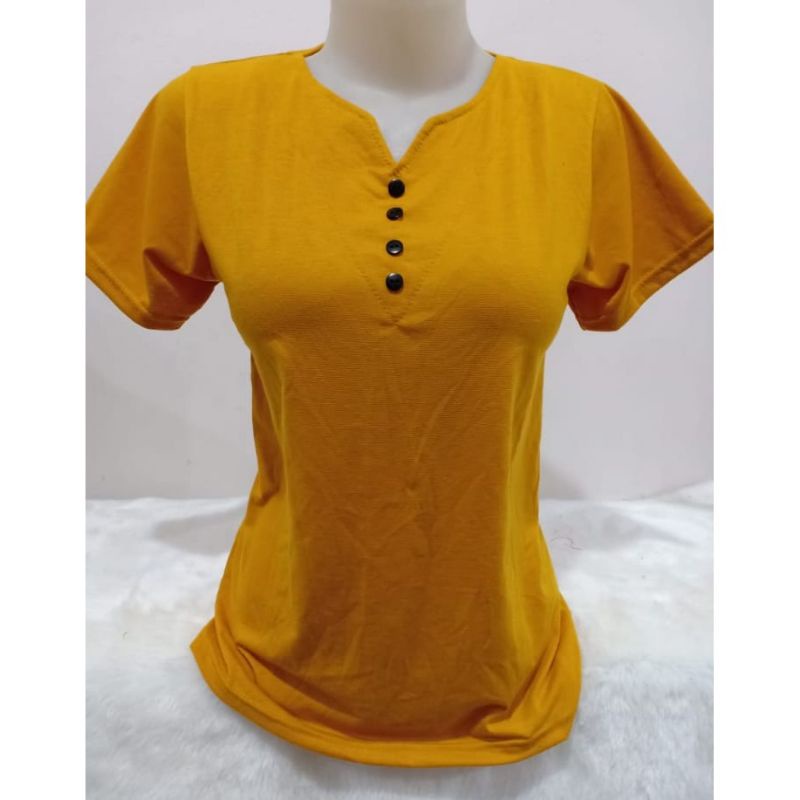 kaos cewe v neck kancing