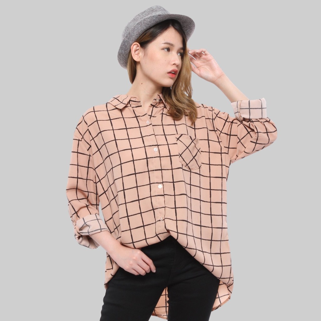 Monellina 06177 Kemeja Oversize Wanita Lengan Panjang Kotak-2