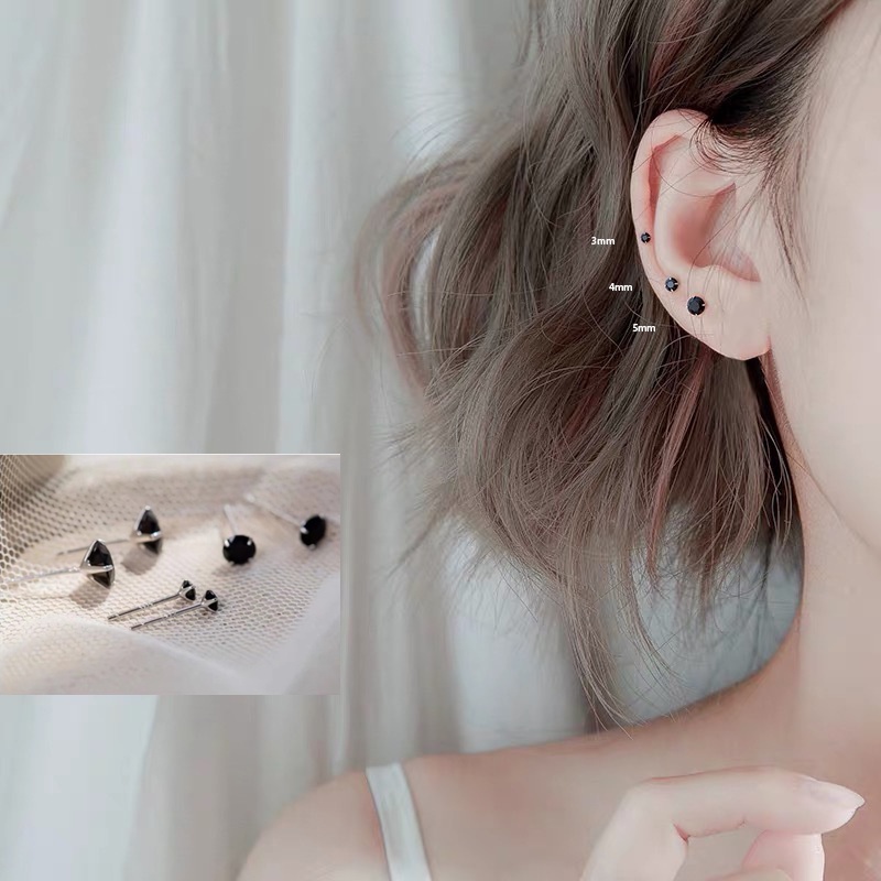 S925 Silver Black and White Zircon Earrings Ins Trend Simple and Small Cold Wind Men and Women Accessories Jewelry Gifts