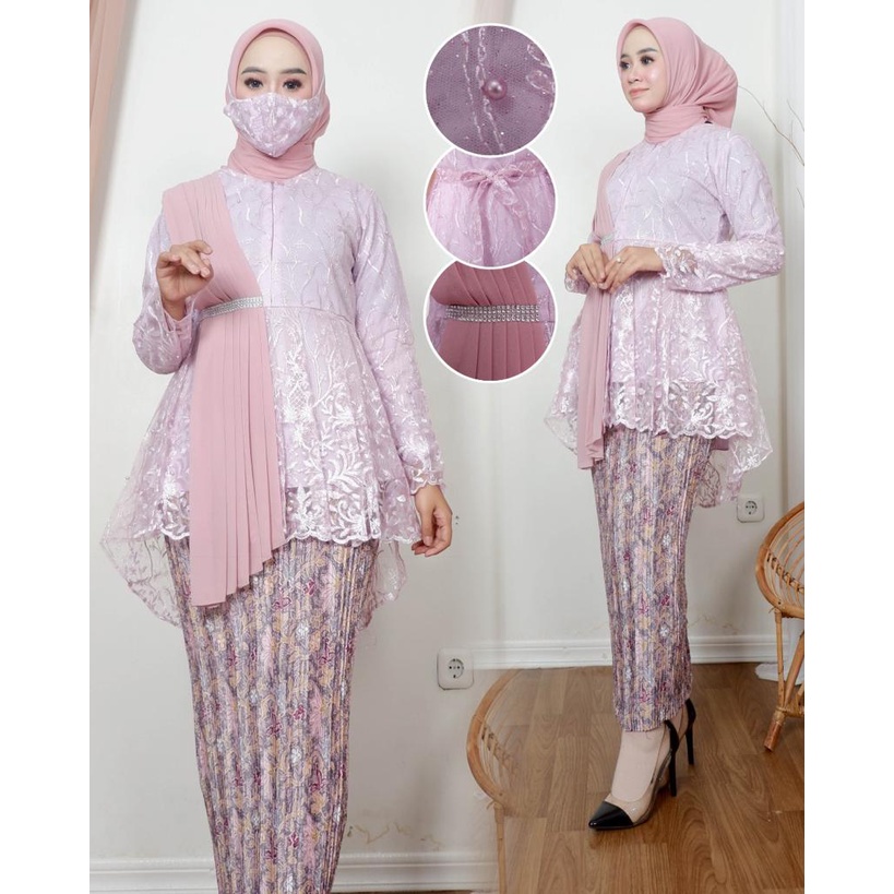 ADE> SET KEBAYA BLOUSE SELENDANG AUREL - MODEL KEBAYA TERLARIS 2021 - BAJU KEBAYA PESTA DAN WISUDA MODERN-LILAC