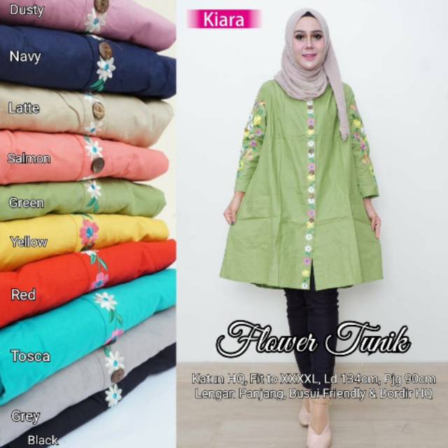 Flower Tunik Polos Bahan Katun HQ Bordir HQ Super Jumbo Ori Kiara