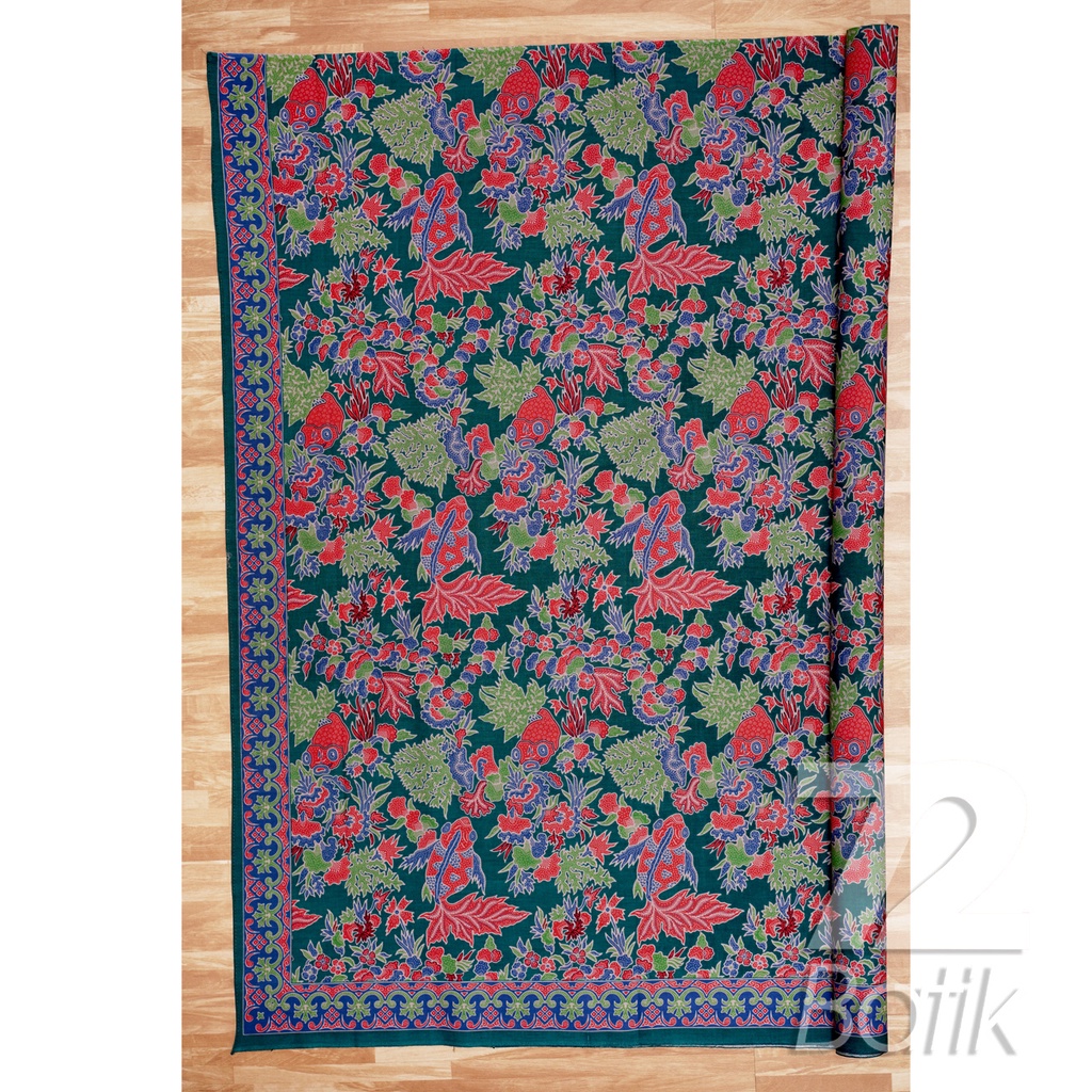 BAHAN BATIK PREMIUM Katun Motif Ikan Koi Warna Hijau Nila Biru 722818 Cap 72 Jarik Jarit Samping Kebat Panjang Batik Katun Modern Premium Bahan Seragam Batik Pernikahan Kantor Keluarga Murah Kamen Jadi Batik Bali Lembaran