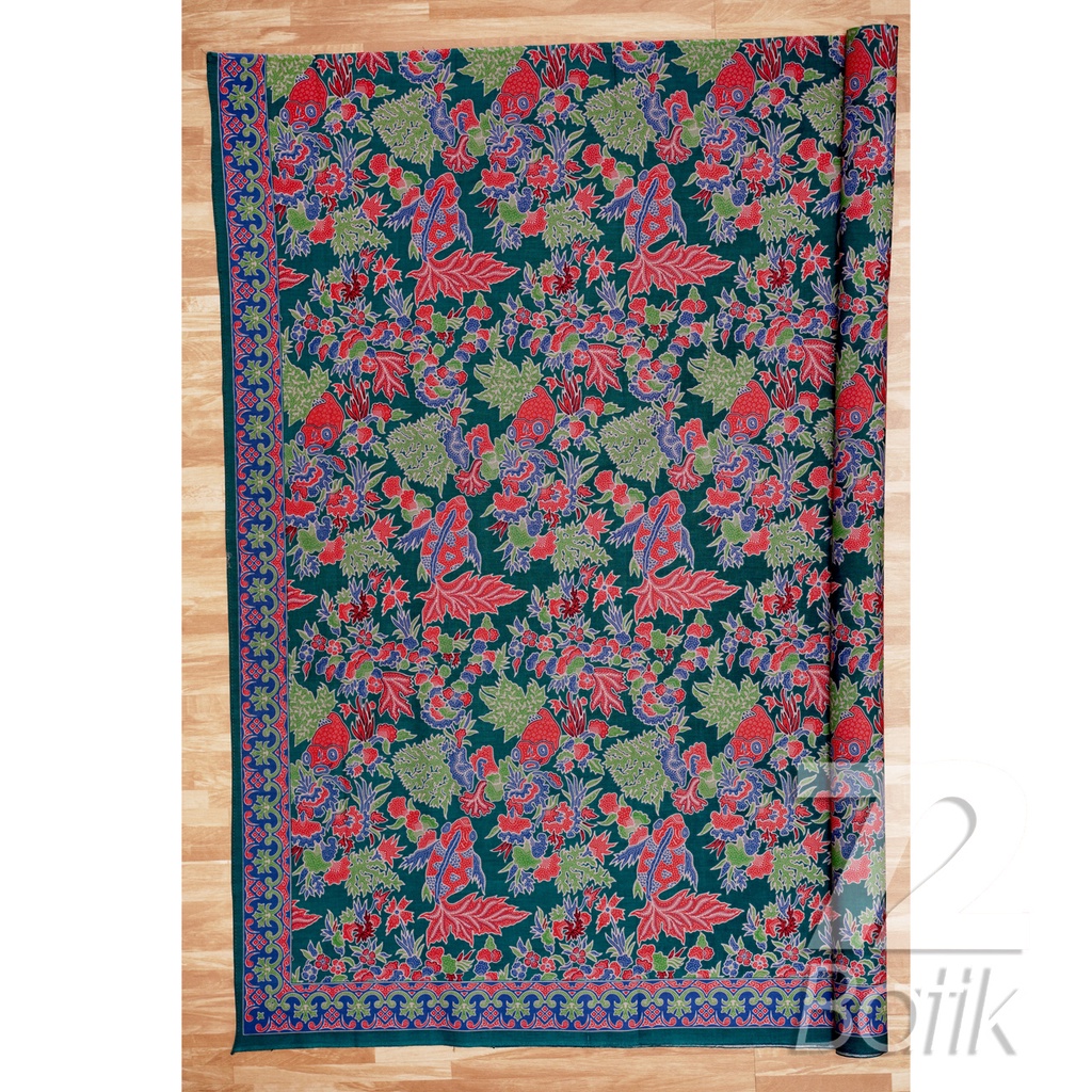 KAIN BATIK KATUN Premium Motif Ikan Koi Warna Hijau Nila Biru 728962 Cap 72 Jarik Jarit Samping Kebat Panjang Batik Katun Modern Premium Bahan Seragam Batik Pernikahan Kantor Keluarga Murah Kamen Jadi Batik Bali Lembaran