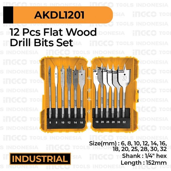 Mata Bor Kipas Trisula INGCO AKDL1201 Set 12 Pcs 6-32mm Flat Wood Drill Bits Pisau Bor Kayu Hole Saw