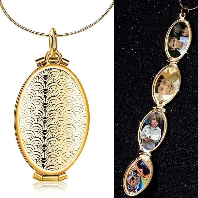 Fish Scale Pattern Oval Locket Pendant 4 Slot Photo Frame Pendant Necklace Gift Jewelry