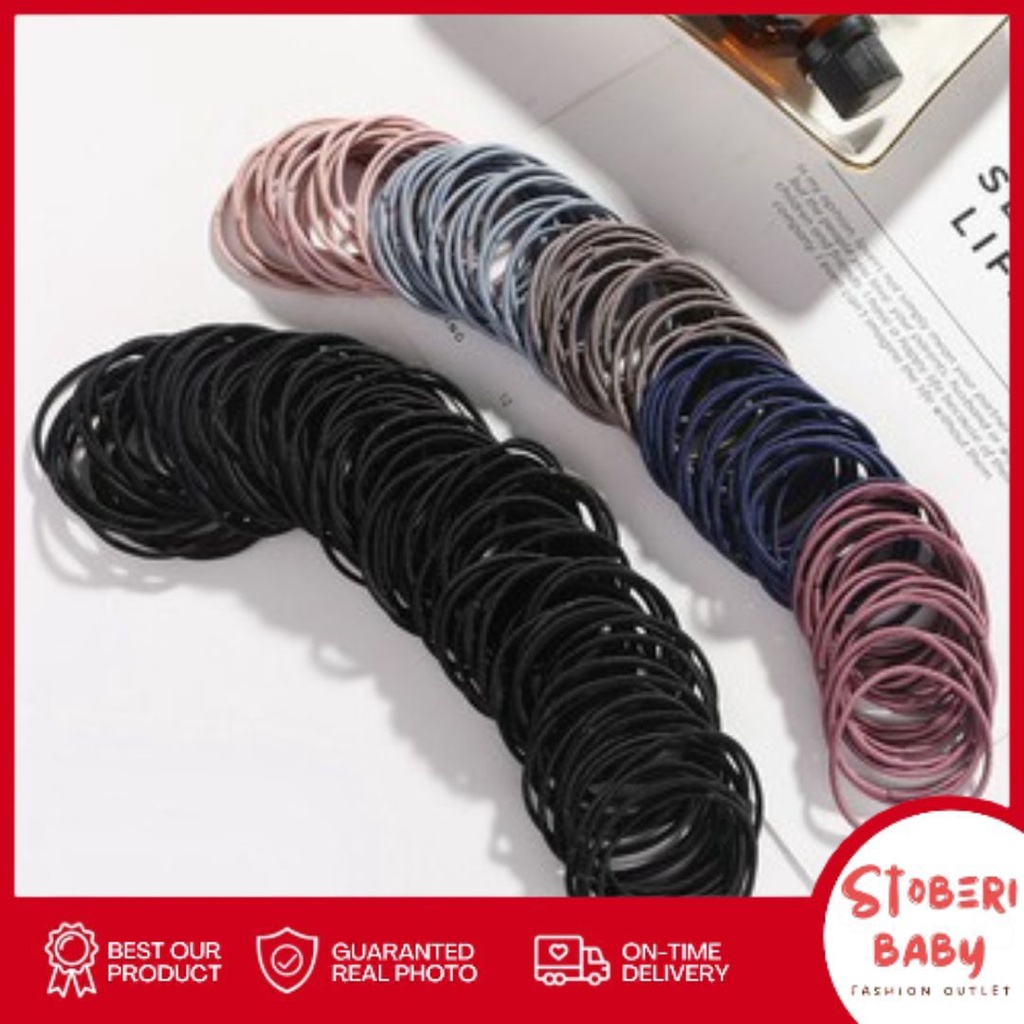 stoberi baby - IKAT RAMBUT ONNIE 100pcs + pouch ikat rambut karet polos warna-warni anak dewasa import ala korea