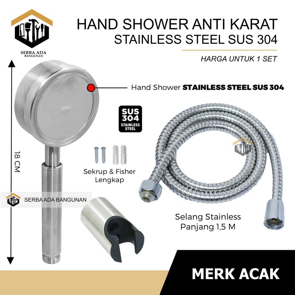 HAND SHOWER FULL STAINLES STEEL SS304 KOMPLIT + SHOWER + PEYANGGA + SELANG + SKRUP KUALITAS BAGUS