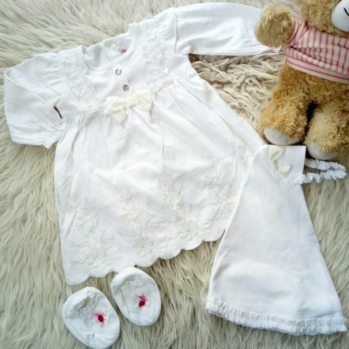Dress Muslim Bayi Perempuan Set Baju Akikah Newborn Putih Allsize Utk Sekitar Usia Umur 0 - 4 Bulan