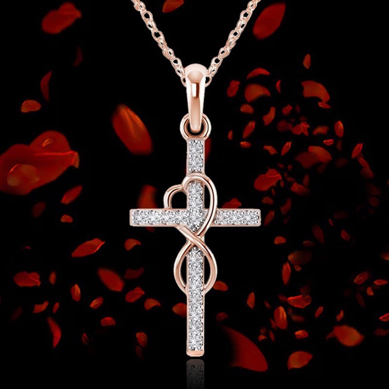 Kalung Liontin Salib Kristen Infinity Love God We Trust Warna Rose Gold Aksen Berlian Imitasi Untuk Wanita