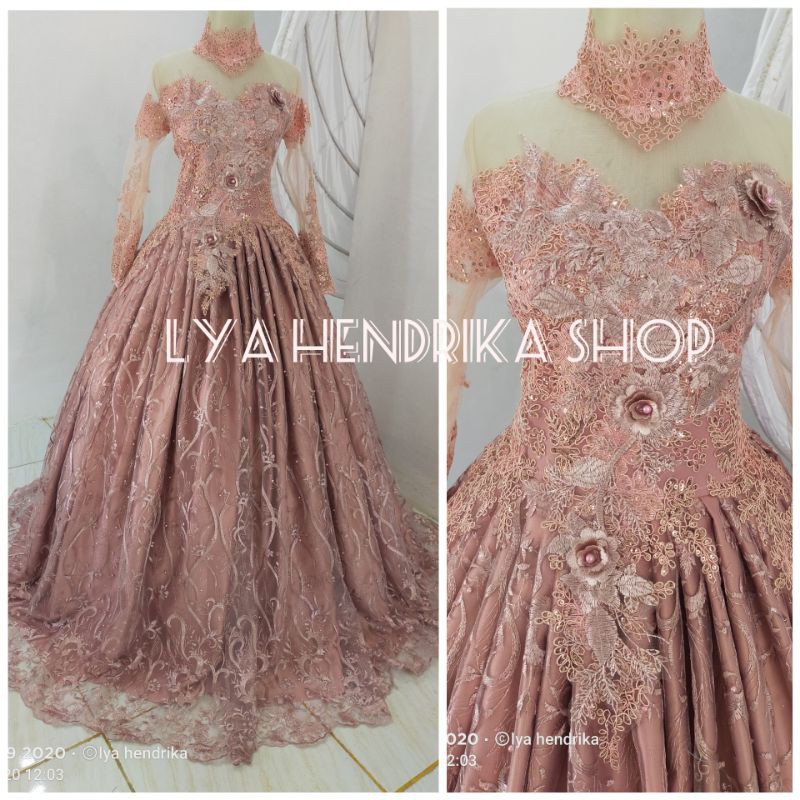 gaun pengantin rosegold tile akar mutiara