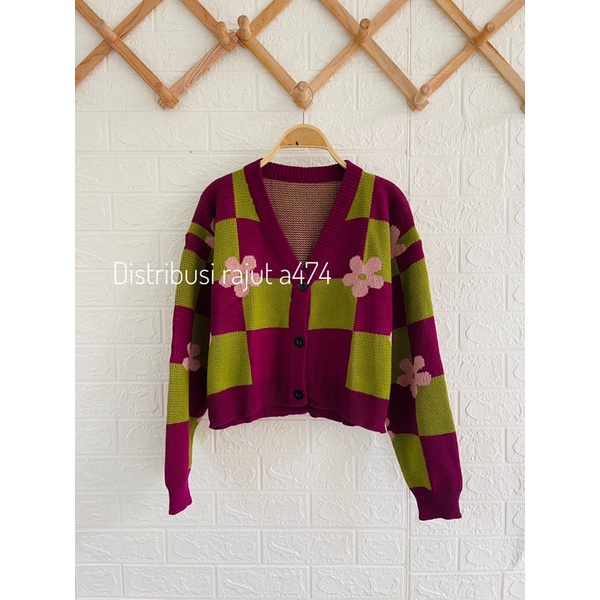 ATASAN RIRIN  CARDIGAN RAJUT CROP KOTAK MOTIF BUNGA PREMIUM