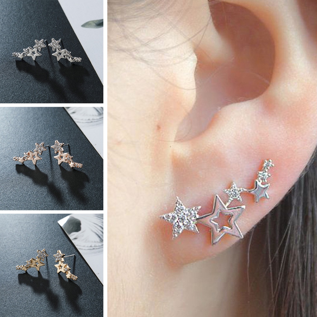 Hu Hu Hu Hu Hu Alat Bantu Pasang Kacamata♡ 1 Pasang Anting Stud Desain Bintang Aksen Berlian Imitasi Untuk Wanita