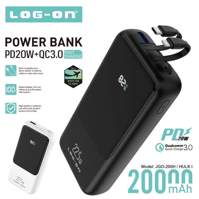 Powerbank Log on HULK 1 JGO-200H LCD PD 20W + QC 3.0 Fast Charger Kapasitas 20.000MAH