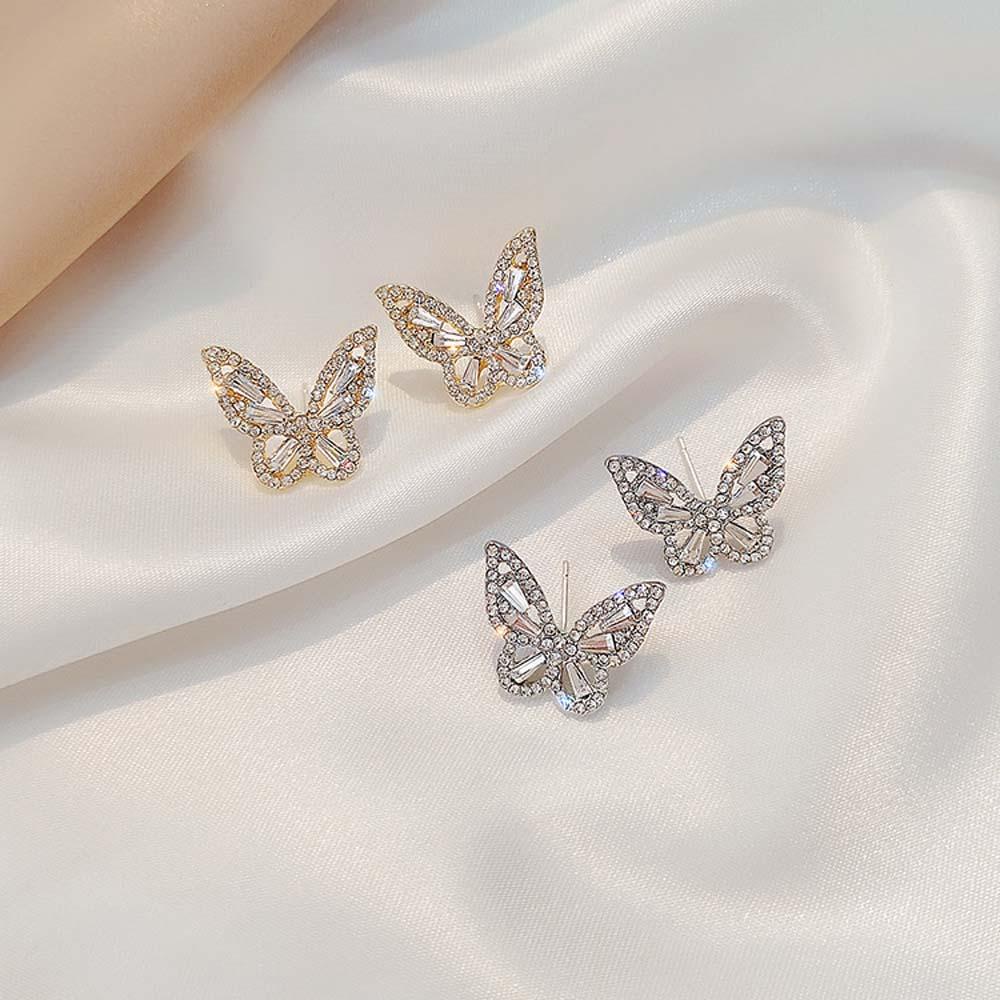 Anting Stud Silver Needle Bentuk Kupu-Kupu Kecil Aksen Berlian Imitasi Warna-Warni Gaya Korea Untuk Wanita