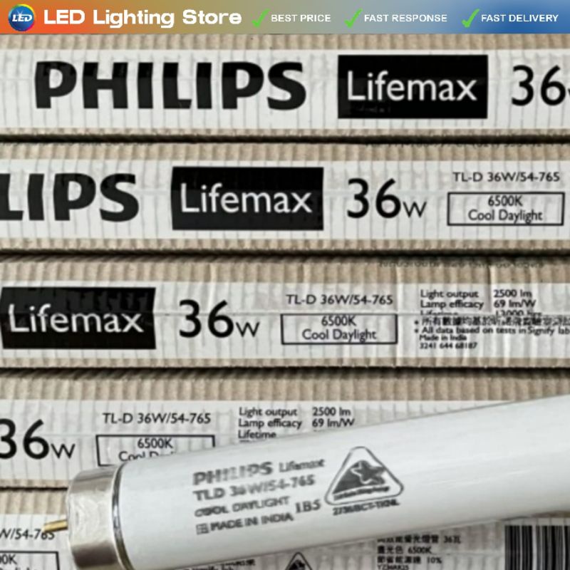 Lampu TL-D Philips 36W Watt 765 LIFEMAX 120cm 1200mm Putih