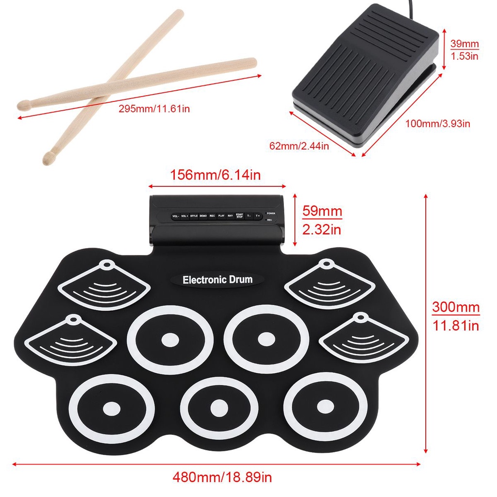 9 Pad Drum Elektrik Bahan Silikon Tebal Dengan 1 Pasang Stik Dan Pedal Sustain