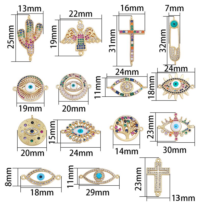 15Style Copper Evil Eye Cross Zircon Gold Plated Hollow Connector Charms For Bracelets Bohe Earrings Making DIY Jewelry Findings