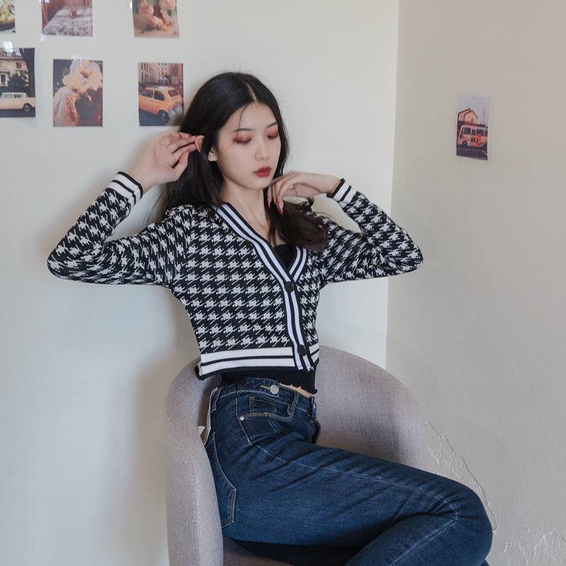 ItsLady Cardigan Wanita Import Lengan Panjang Motif kotak Hitam Putih Model Kancing Sweater Korea