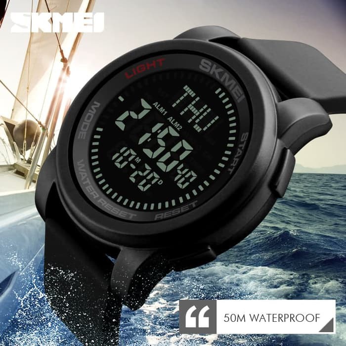 Jam Tangan Pria Original Skmei Kompas Led Sport Olahraga Casio Karet - Hitam