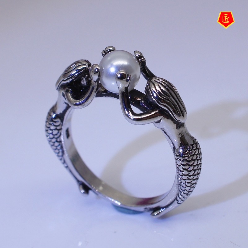 [Ready Stock]Simple Personality Mermaid Pearl Silver Black Ring